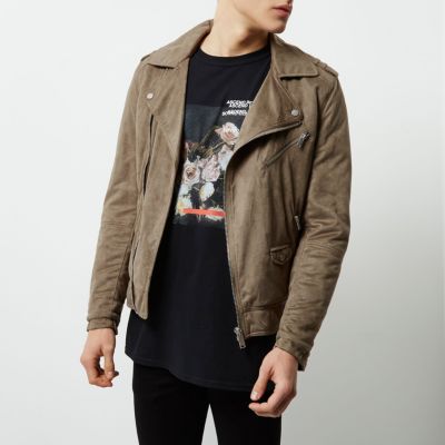 Stone faux suede biker jacket